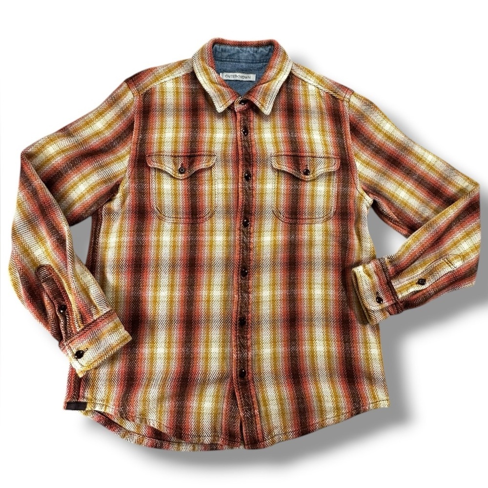 Outerknown Blanket Shirt Size Medium 100% Organic Cotton Yellow Rust Plaid